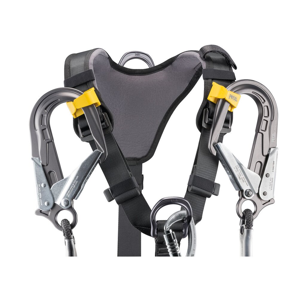 Avao Bod Fast Harness by Petzl, easy suspension for the hooks when not in use.